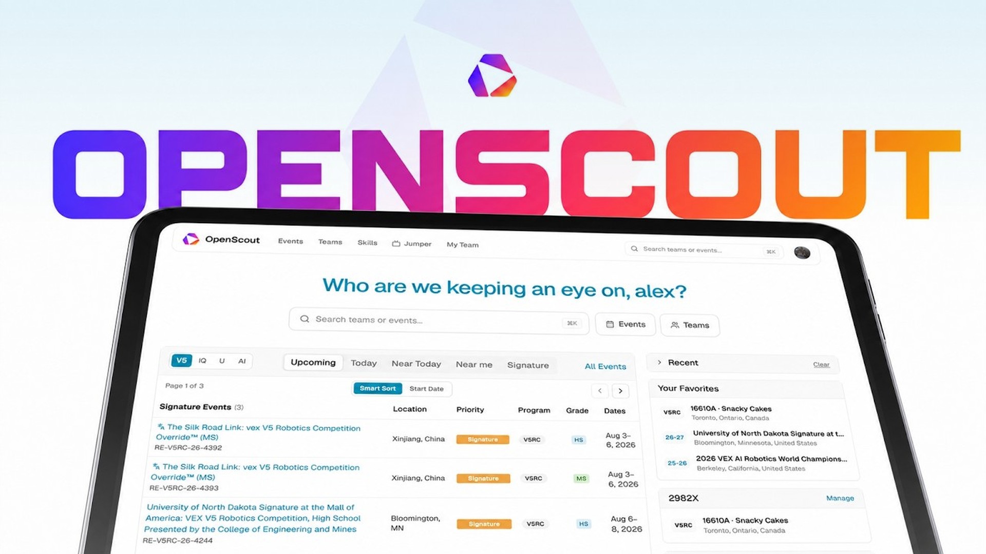 The OpenScout event list on a tablet, under the OpenScout wordmark