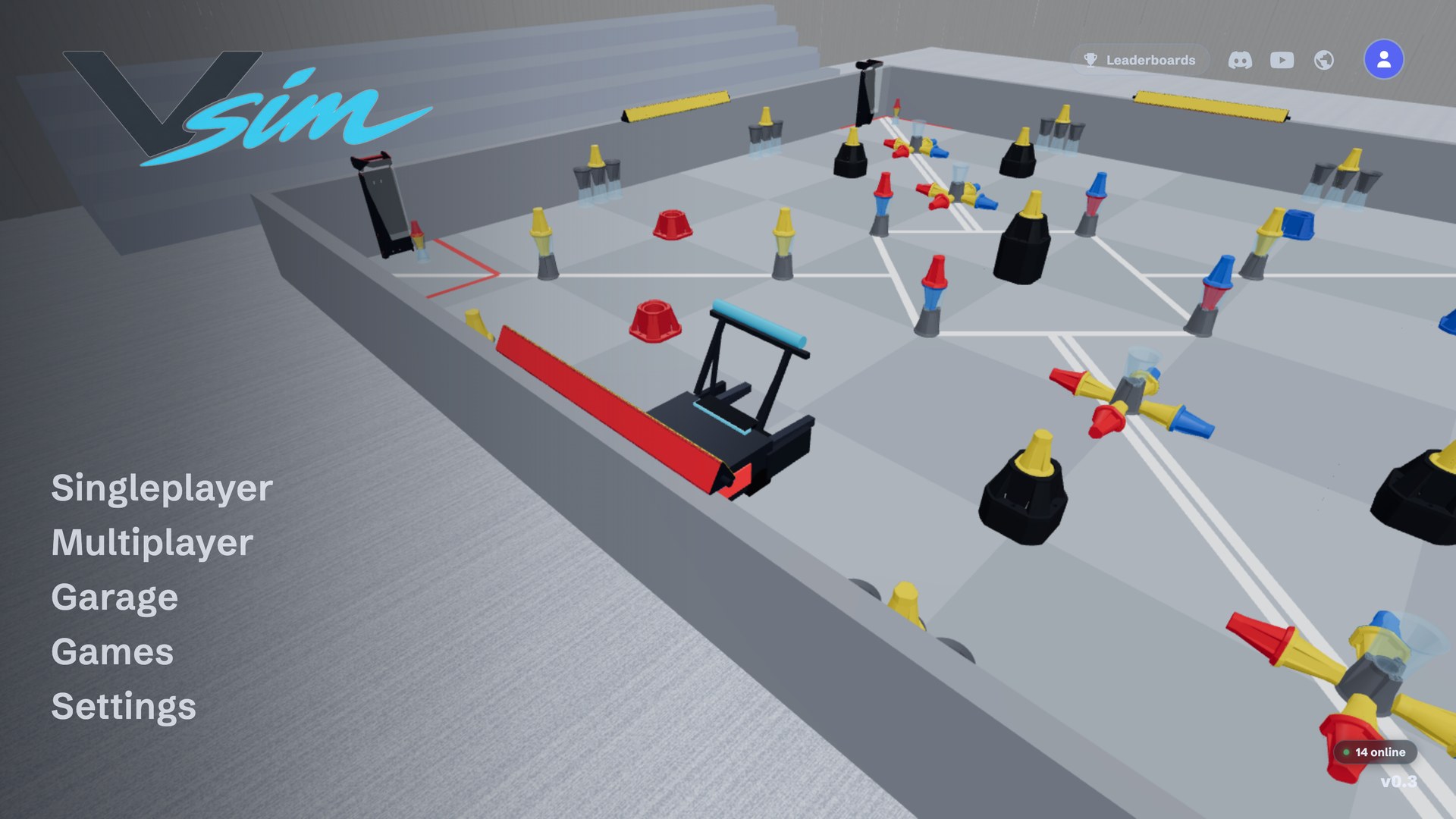 The Vsim menu over a simulated VEX field with a robot and game pieces