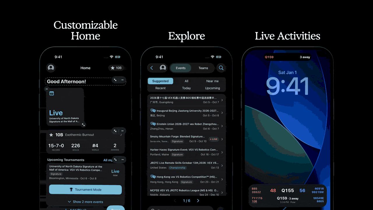 Three iPhones showing the customizable Home screen, the Explore event list and a Live Activity on the Lock Screen