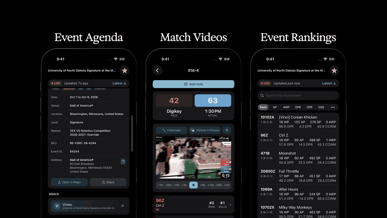 Three iPhones showing an event agenda, a match video with its score, and event rankings