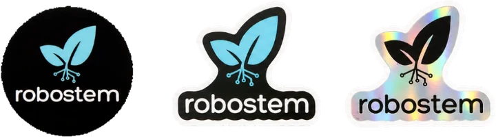 Three RoboSTEM stickers in different finishes